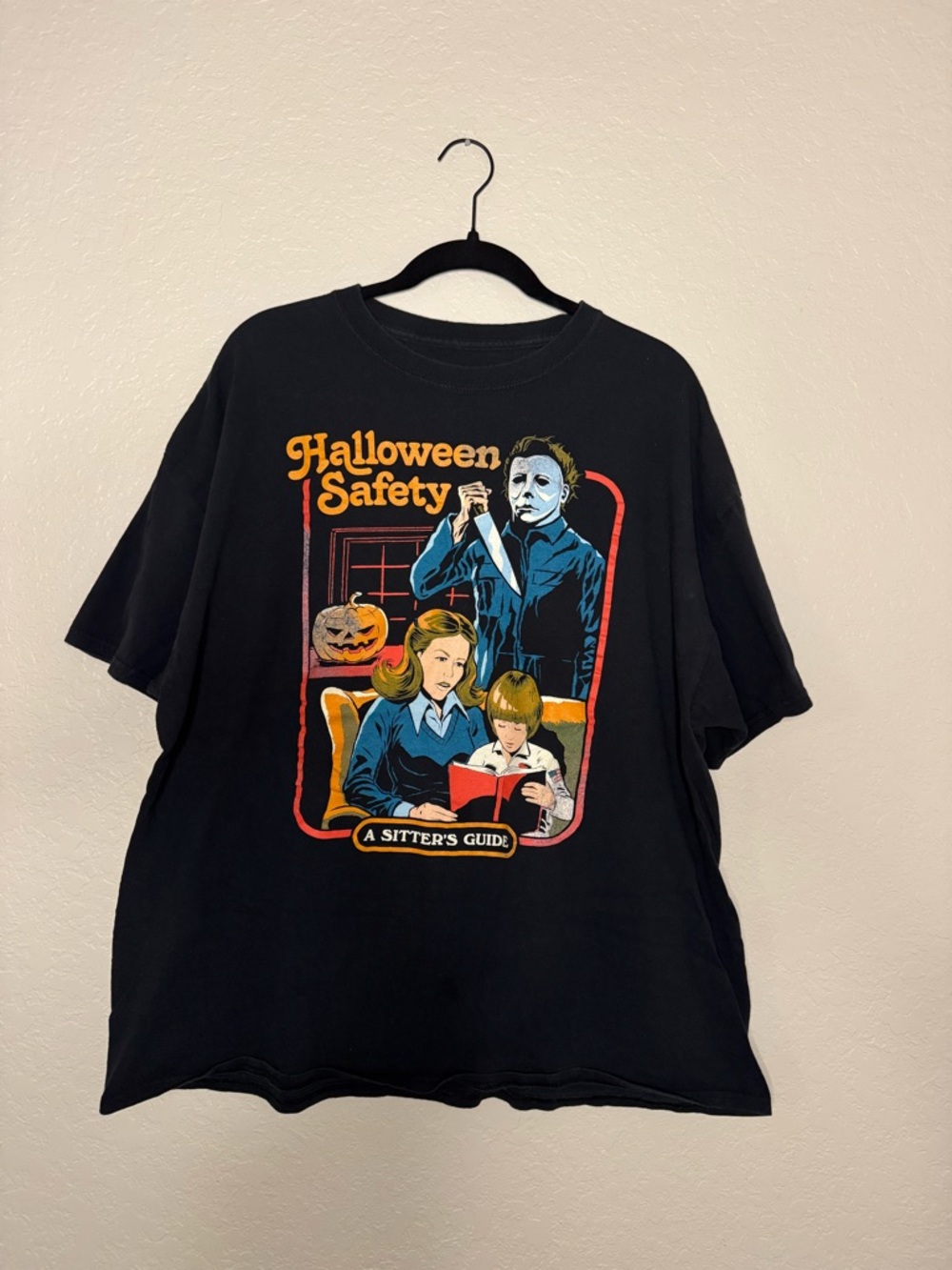 Halloween Safety Graphic Tee - Black with Orange & Blue Print Michael Myers